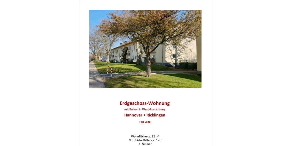 Erdgeschoßwohnung Hannover Ricklingen - 3 Zimmer, 52 m&sup2;, 860&euro; | Angebot:25262926