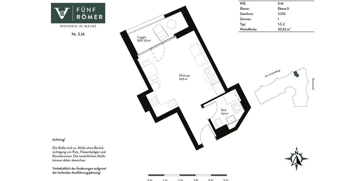 Etagenwohnung Mainz Oberstadt - 1 Zimmer, 31 m&sup2;, 655&euro; | Angebot:26373609