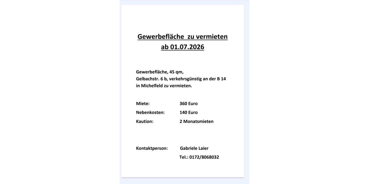 Gewerbeobjekt Schwäbisch Hall - 500&euro; | Angebot:26502323