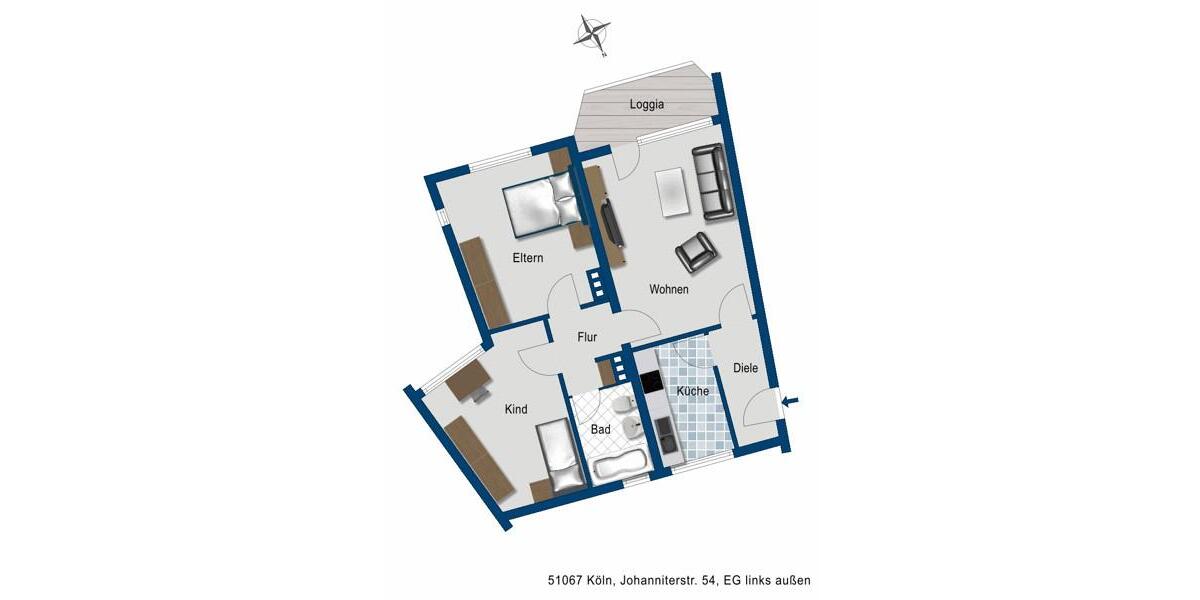 Erdgeschoßwohnung Köln Mülheim - 3 Zimmer, 68 m&sup2;, 948&euro; | Angebot:26359197