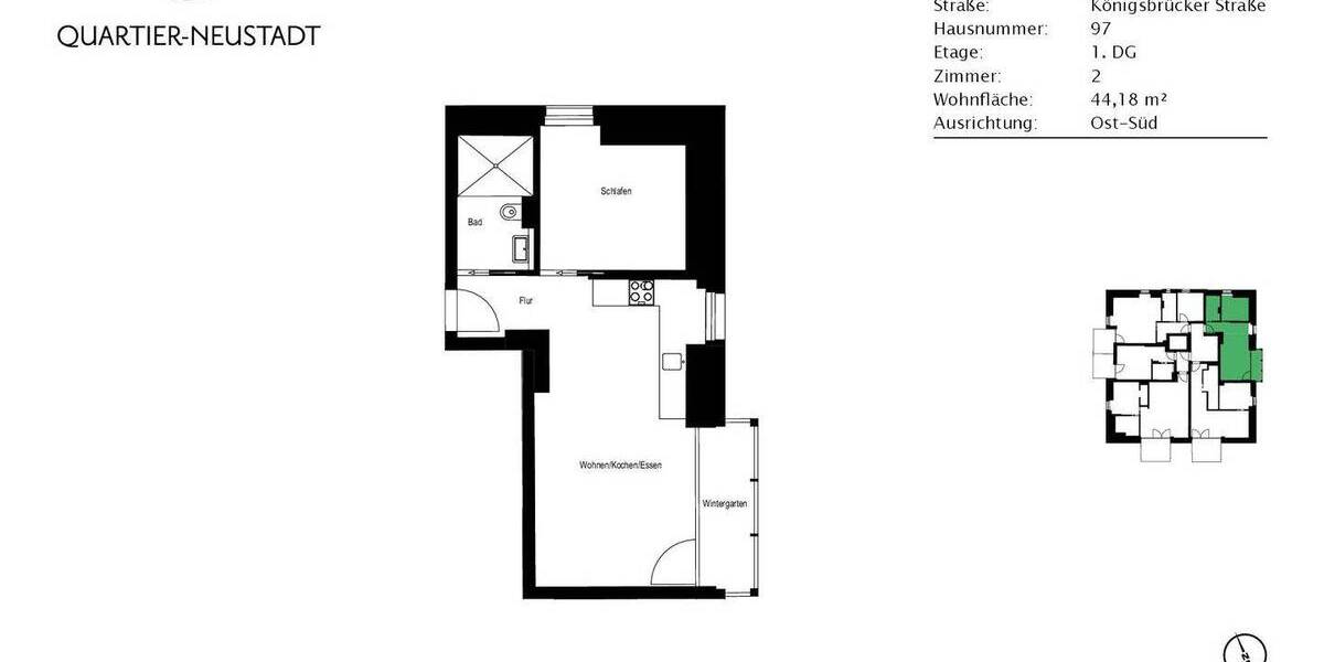 Etagenwohnung Dresden / Äußere Neustadt Äußere Neustadt - 2 Zimmer, 49 m&sup2;, 707&euro; | Angebot:26713095