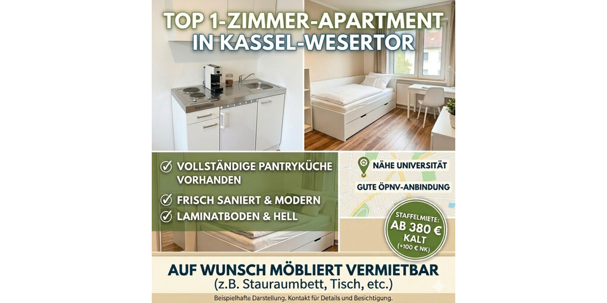 Etagenwohnung Kassel Niederzwehren - 1 Zimmer, 20 m&sup2;, 380&euro; | Angebot:25782755