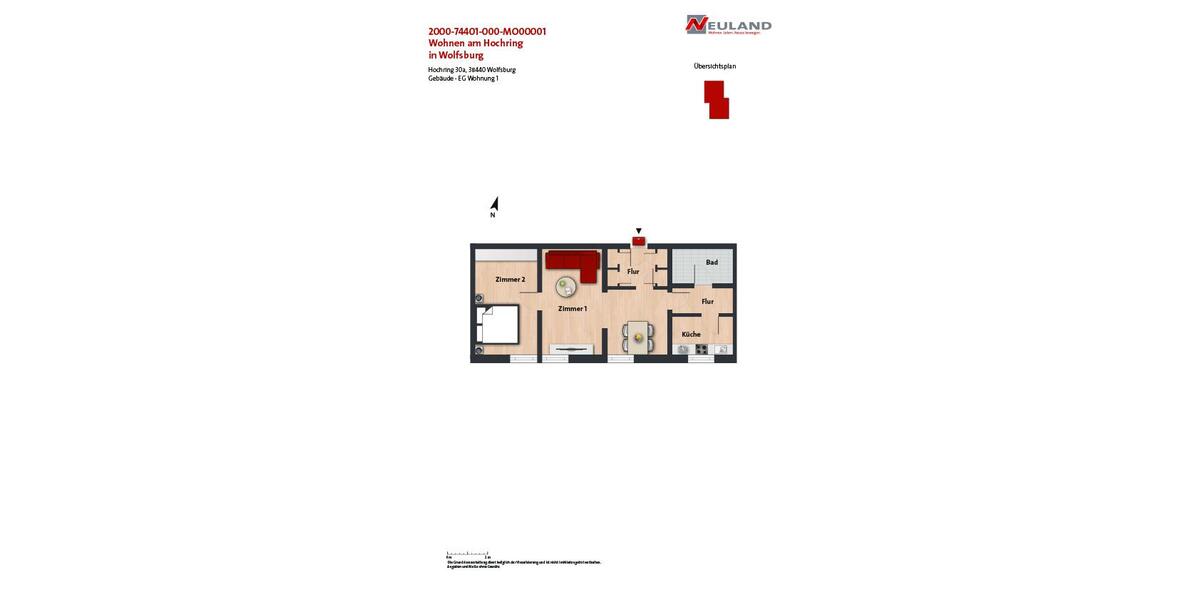Erdgeschoßwohnung Wolfsburg - 2 Zimmer, 61 m&sup2;, 511&euro; | Angebot:26059921