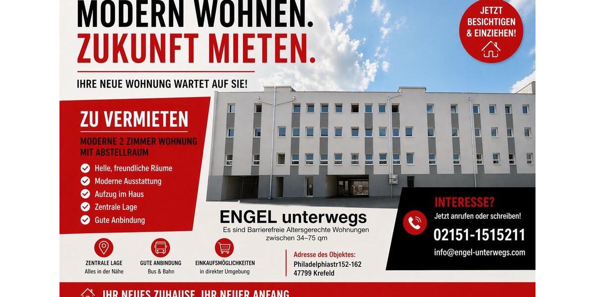 Etagenwohnung Krefeld Hülser Berg - 2 Zimmer, 50 m&sup2;, 850&euro; | Angebot:26577578