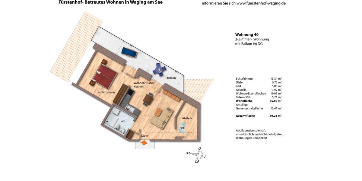 Etagenwohnung Waging am See Fisching - 2 Zimmer, 56 m&sup2;, 1.050&euro; | Angebot:23791385