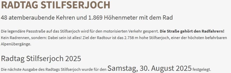 Unterkunft Radtag Stilfserjoch Prad 30.08.2025