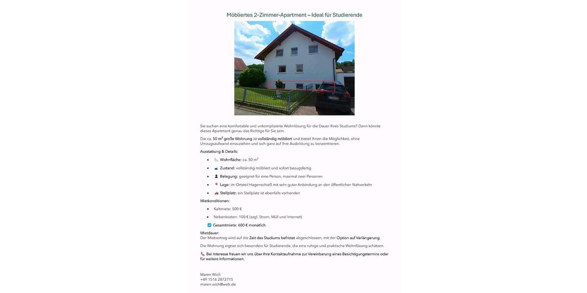 Etagenwohnung Pforzheim Eutingen - 2 Zimmer, 50 m&sup2;, 600&euro; | Angebot:25898453