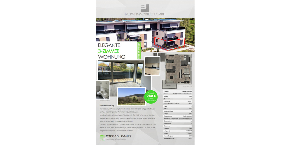 Erdgeschoßwohnung Suhl Aue 1 - 3 Zimmer, 80 m&sup2;, 980&euro; | Angebot:21740518