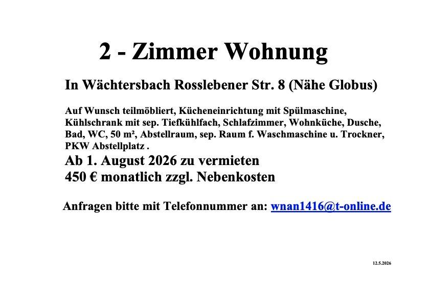 Etagenwohnung Wächtersbach - 2 Zimmer, 50 m&sup2;, 450&euro; | Angebot:26551706