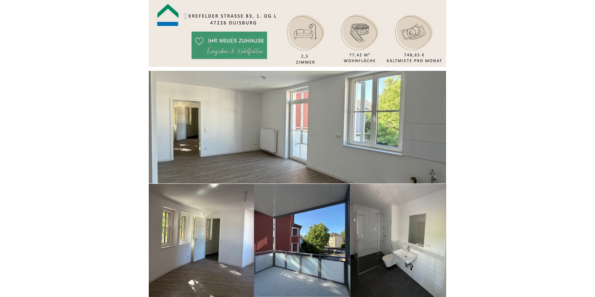Etagenwohnung Duisburg Rheinhausen - 2.5 Zimmer, 77 m&sup2;, 749&euro; | Angebot:24898607