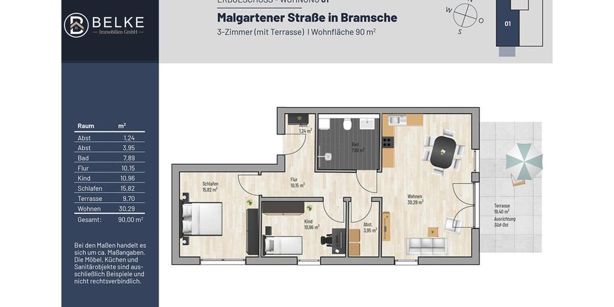 Erdgeschoßwohnung Bramsche - 3 Zimmer, 90 m&sup2;, 1.120&euro; | Angebot:23002024