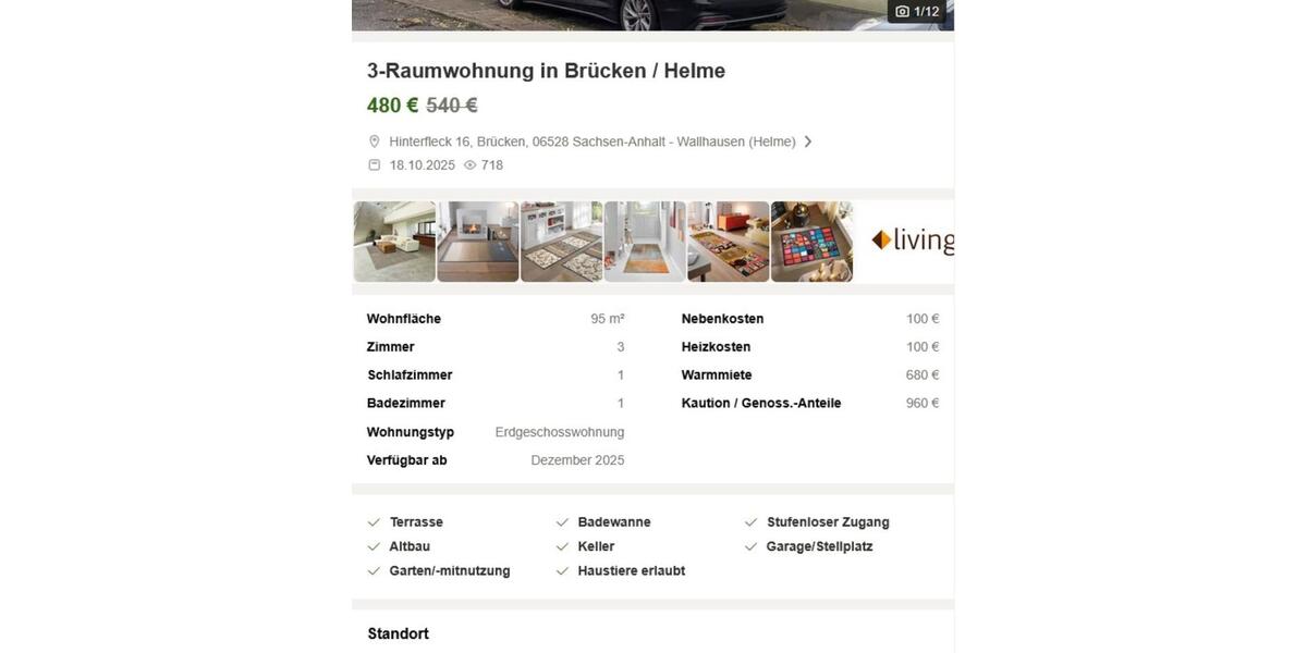 Erdgeschoßwohnung Wallhausen - 3 Zimmer, 95 m&sup2;, 450&euro; | Angebot:24801420
