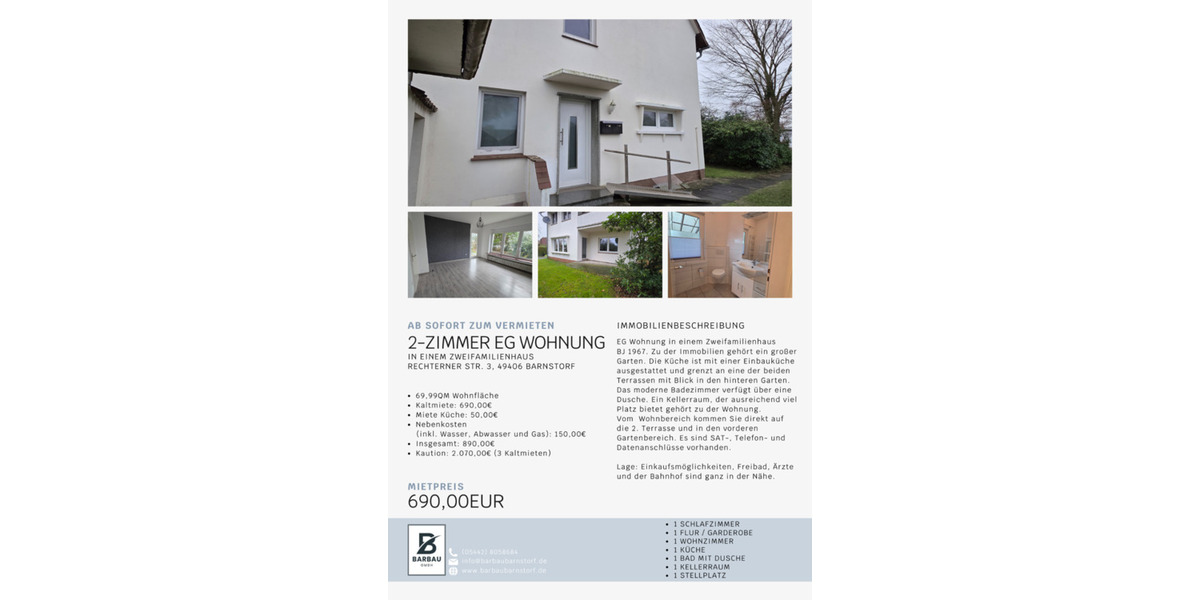 2 Zimmer EG Wohnung ab SOFORT zu vermieten in Barnstorf 2 zimmer