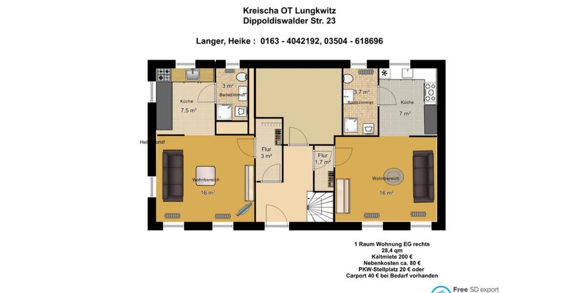 Erdgeschoßwohnung Rabenau - 1 Zimmer, 28 m&sup2;, 200&euro; | Angebot:24308459