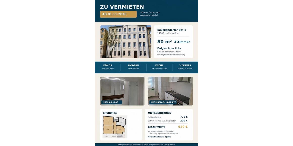 Etagenwohnung Luckenwalde - 3 Zimmer, 80 m&sup2;, 760&euro; | Angebot:27631741