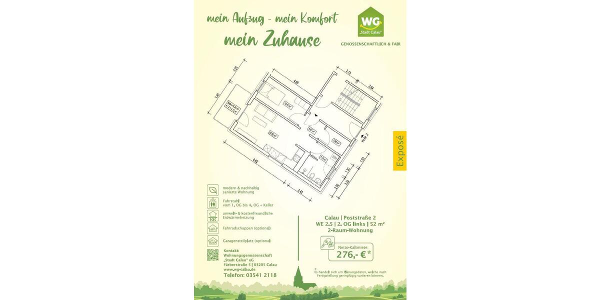 Etagenwohnung Calau - 2 Zimmer, 52 m&sup2;, 276&euro; | Angebot:26262761