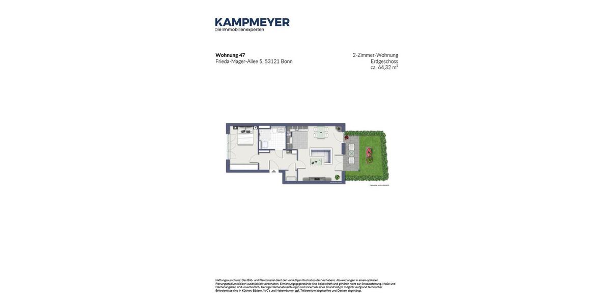 Erdgeschoßwohnung Bonn Dransdorf - 2 Zimmer, 64 m&sup2;, 1.040&euro; | Angebot:25363973