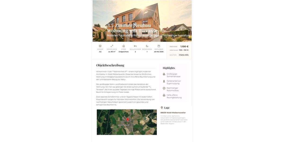 Erdgeschoßwohnung Wald - 3.5 Zimmer, 90 m&sup2;, 1.100&euro; | Angebot:26387732