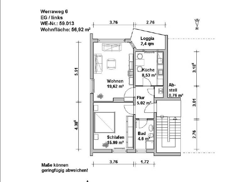 Etagenwohnung Minden Innenstadt - 2 Zimmer, 56 m&sup2;, 499&euro; | Angebot:26797505