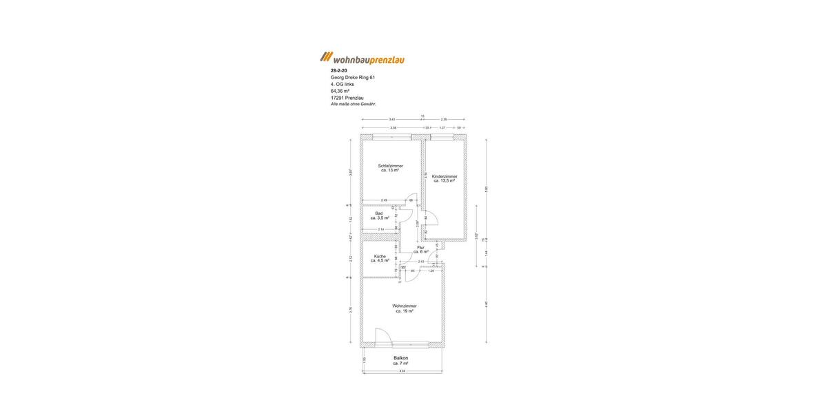 Etagenwohnung Prenzlau - 3 Zimmer, 63 m&sup2;, 440&euro; | Angebot:26545675