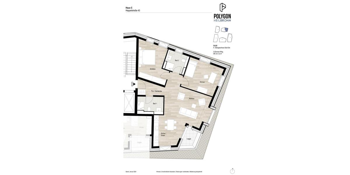 Etagenwohnung Heilbronn Kernstadt - 3 Zimmer, 81 m&sup2;, 1.270&euro; | Angebot:25756697
