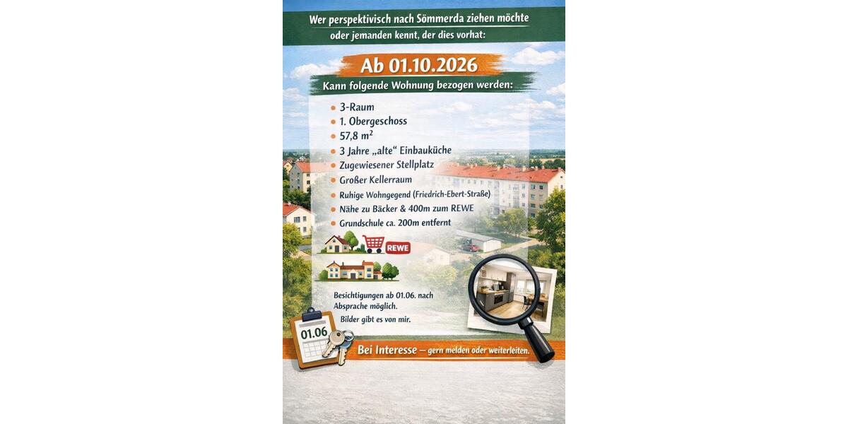 Etagenwohnung Sömmerda - 3 Zimmer, 58 m&sup2;, 580&euro; | Angebot:26099789