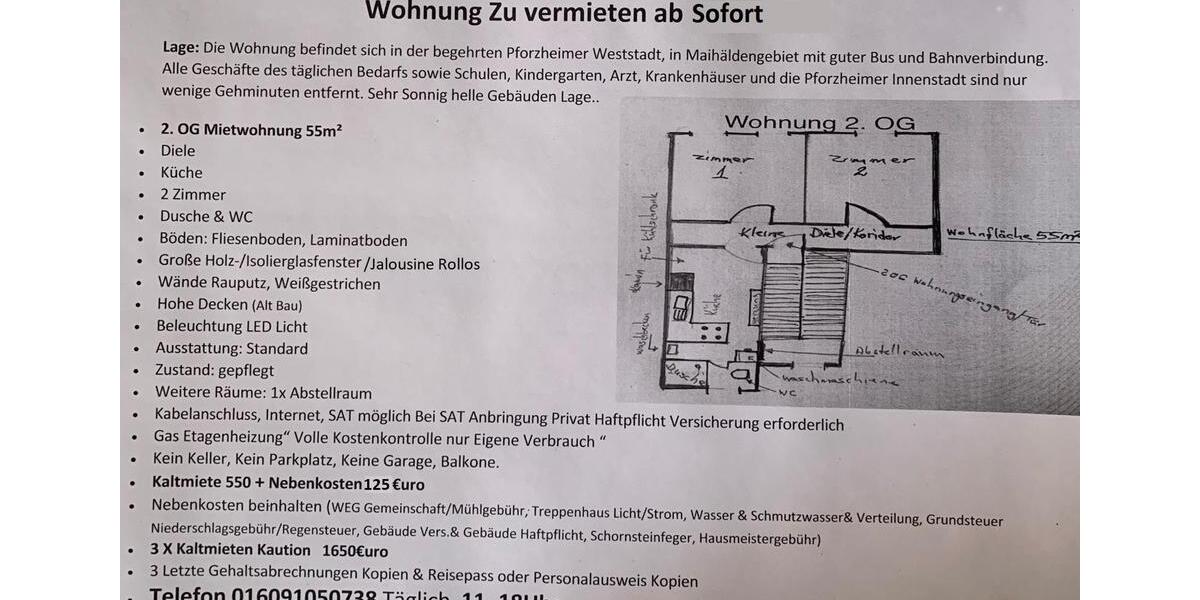 Etagenwohnung Pforzheim Brötzingen - 1 Zimmer, 55 m&sup2;, 550&euro; | Angebot:25599727