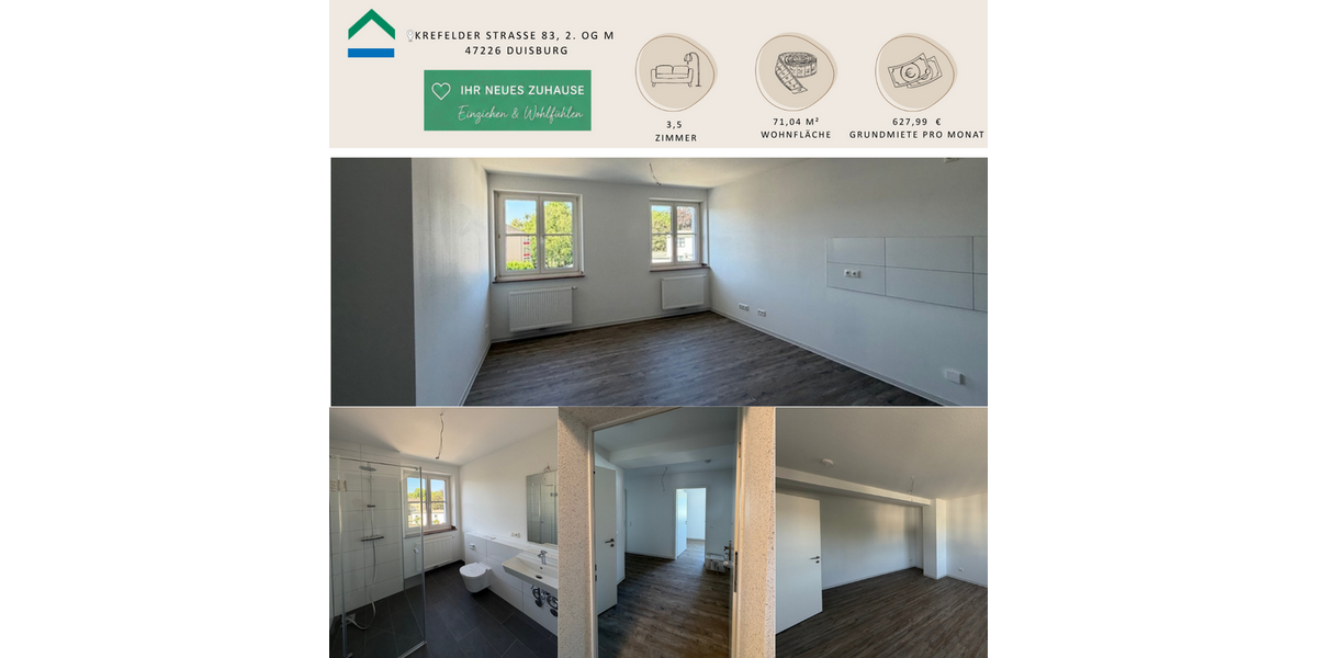 Etagenwohnung Duisburg Rheinhausen - 3.5 Zimmer, 71 m&sup2;, 628&euro; | Angebot:24898606