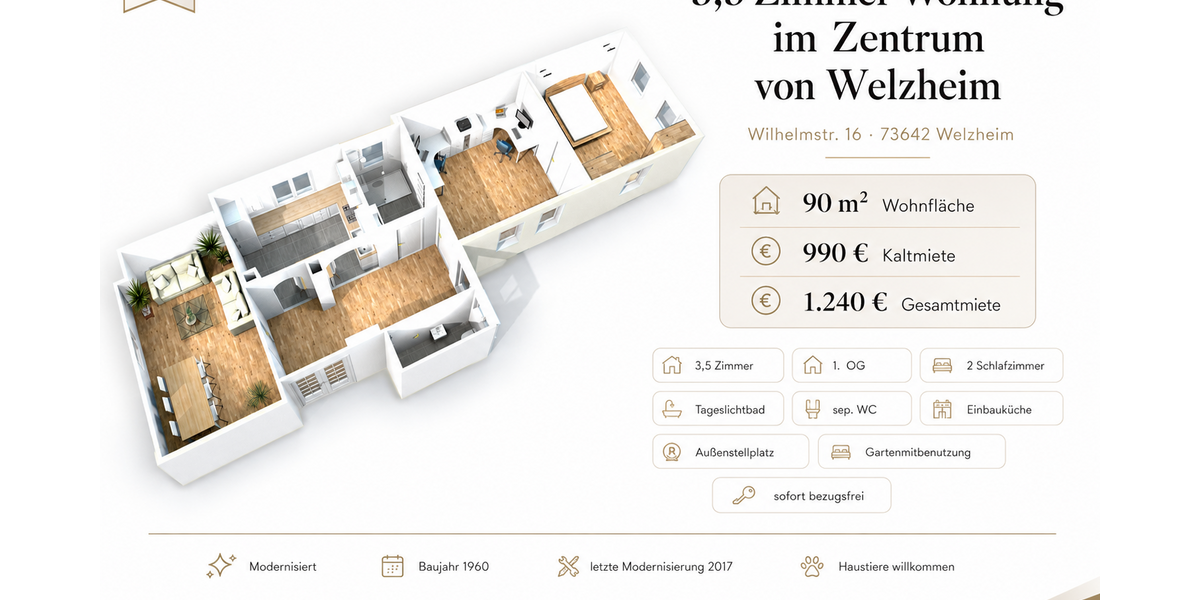 Etagenwohnung Welzheim - 3.5 Zimmer, 90 m&sup2;, 990&euro; | Angebot:27251013