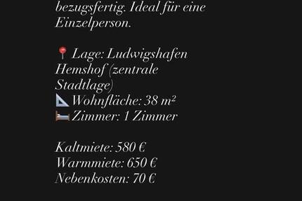 Wohnung Ludwigshafen am Rhein Ludwigshafen-Hemshof - 1 Zimmer, 38 m&sup2;, 650&euro; | Angebot:25883283