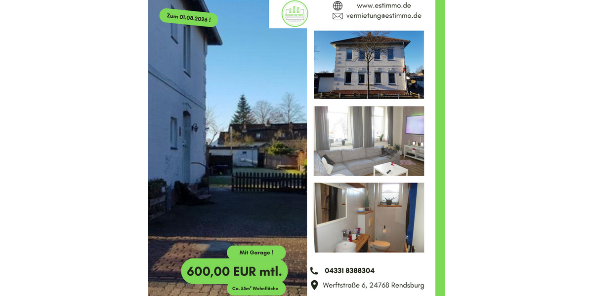 Etagenwohnung Rendsburg - 3 Zimmer, 55 m&sup2;, 600&euro; | Angebot:26817157