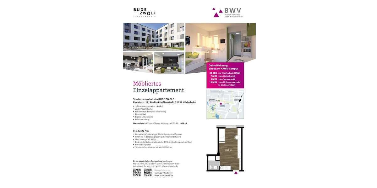 Etagenwohnung Hildesheim - 1 Zimmer, 28 m&sup2;, 658&euro; | Angebot:26670604