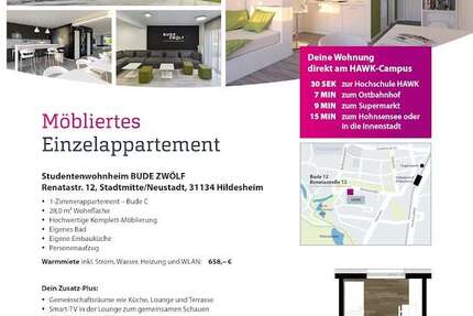 Wohnung Hildesheim - 1 Zimmer, 28 m&sup2;, 658&euro; | Angebot:26670604