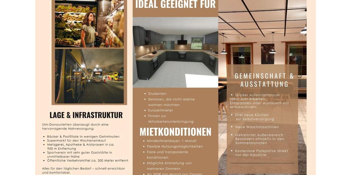 Wohnen auf Zeit Ulm Donautal - 6 Zimmer, 22 m&sup2;, 500&euro; | Angebot:25100803