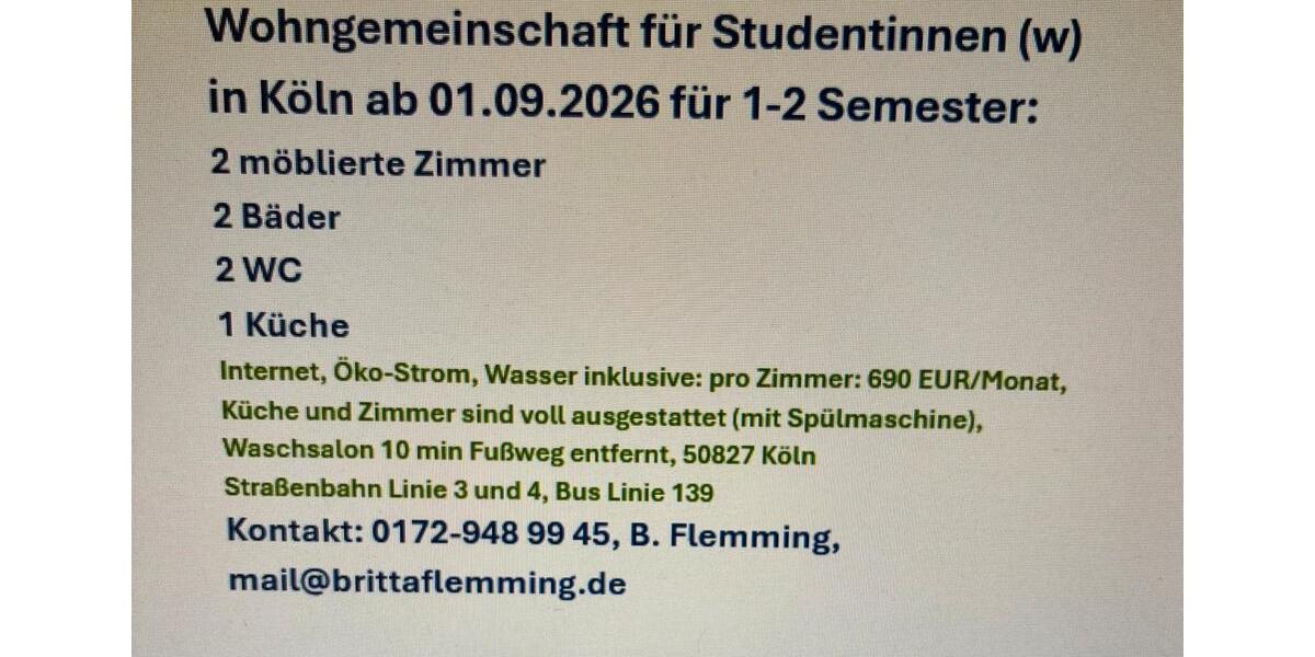 Wohnen auf Zeit Köln Ehrenfeld - 2 Zimmer, 55 m&sup2;, 690&euro; | Angebot:26297334