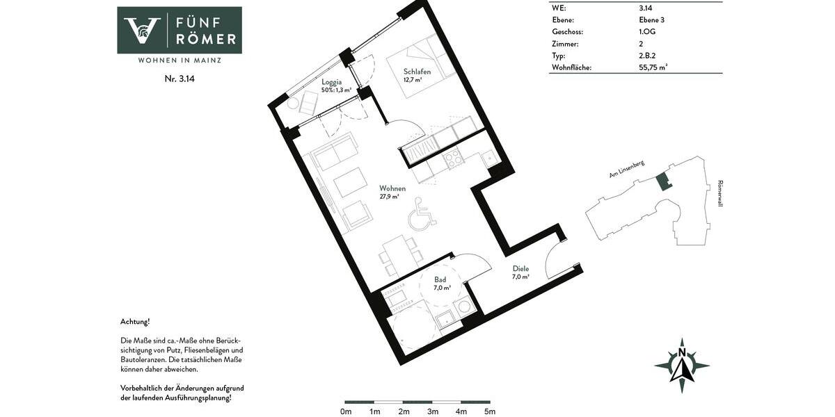 Etagenwohnung Mainz Oberstadt - 2 Zimmer, 56 m&sup2;, 1.020&euro; | Angebot:26373610