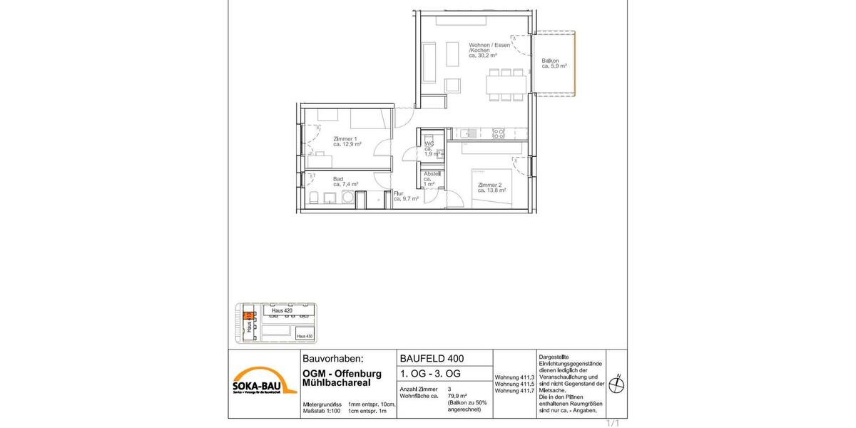 Etagenwohnung Offenburg - 3 Zimmer, 80 m&sup2;, 1.266&euro; | Angebot:26626692