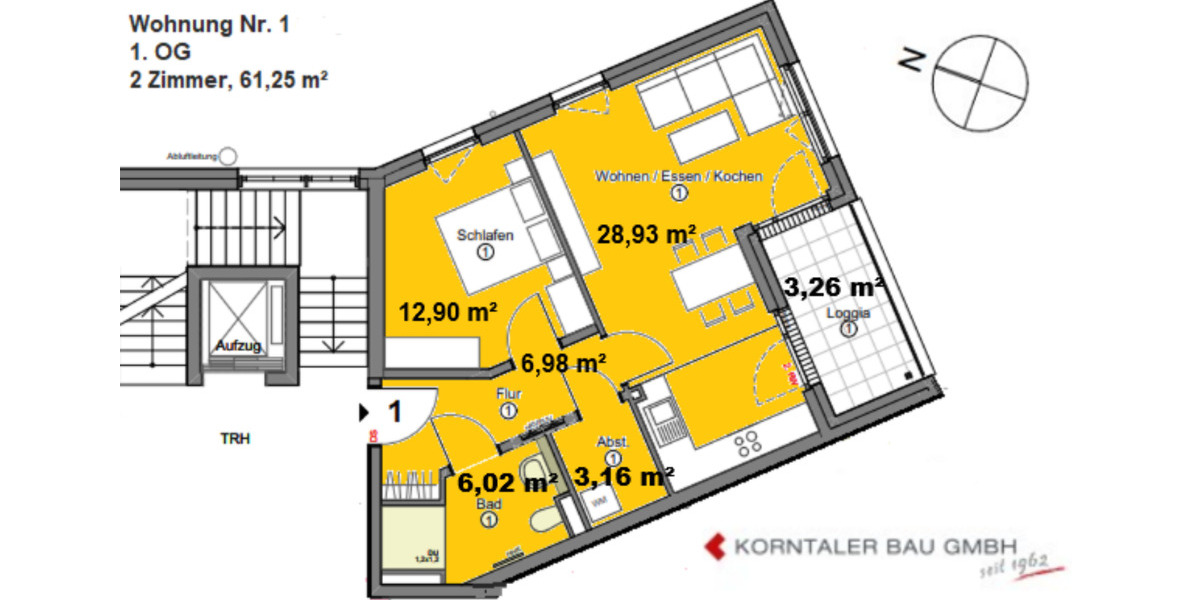 Etagenwohnung Korntal-Münchingen Münchingen - 2 Zimmer, 61 m&sup2;, 932&euro; | Angebot:25256313