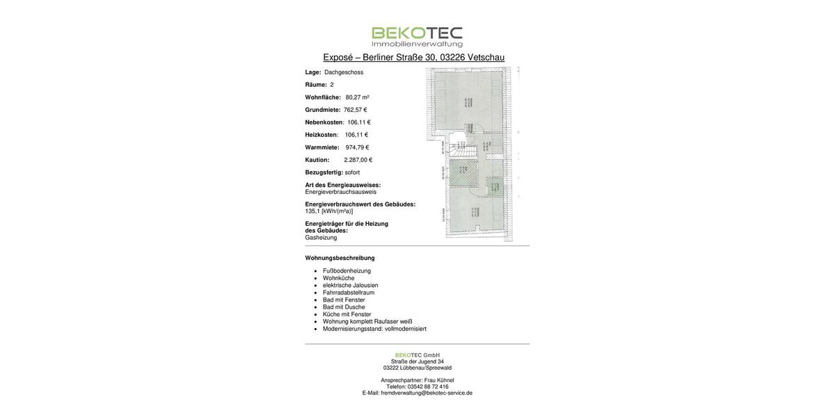 Dachgeschoßwohnung Vetschau/Spreewald Spreewald - 2 Zimmer, 80 m&sup2;, 763&euro; | Angebot:24848151