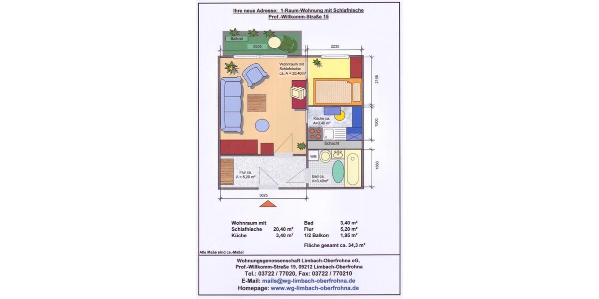 Etagenwohnung Limbach-Oberfrohna Oberfrohna - 1 Zimmer, 34 m&sup2;, 220&euro; | Angebot:21342989