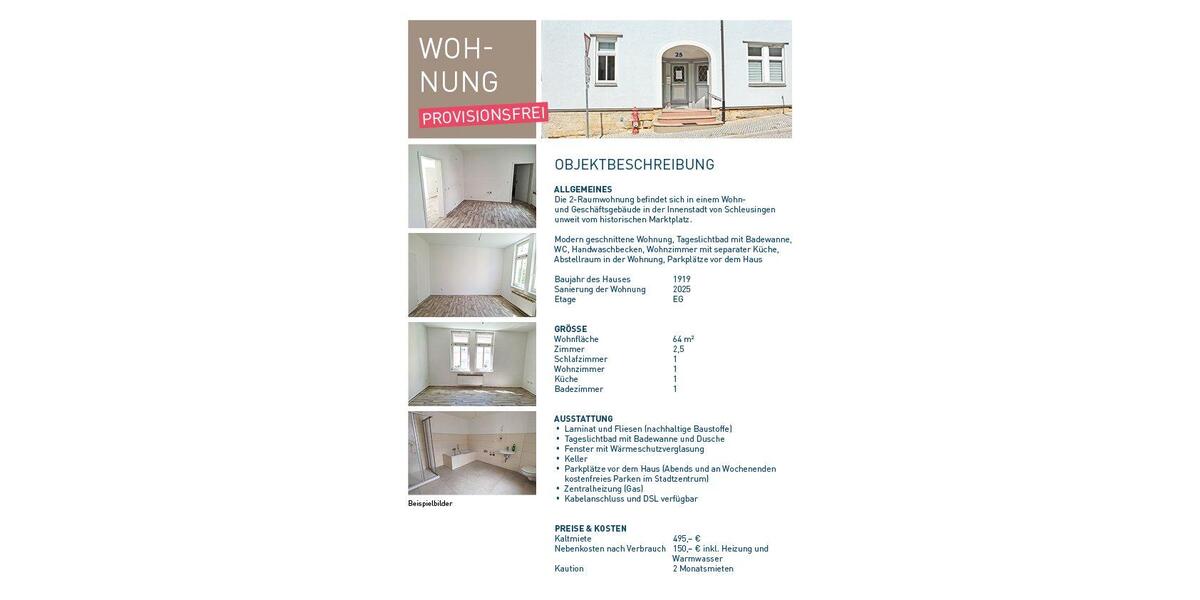 Erdgeschoßwohnung Schleusingen - 2.5 Zimmer, 64 m&sup2;, 495&euro; | Angebot:26490556