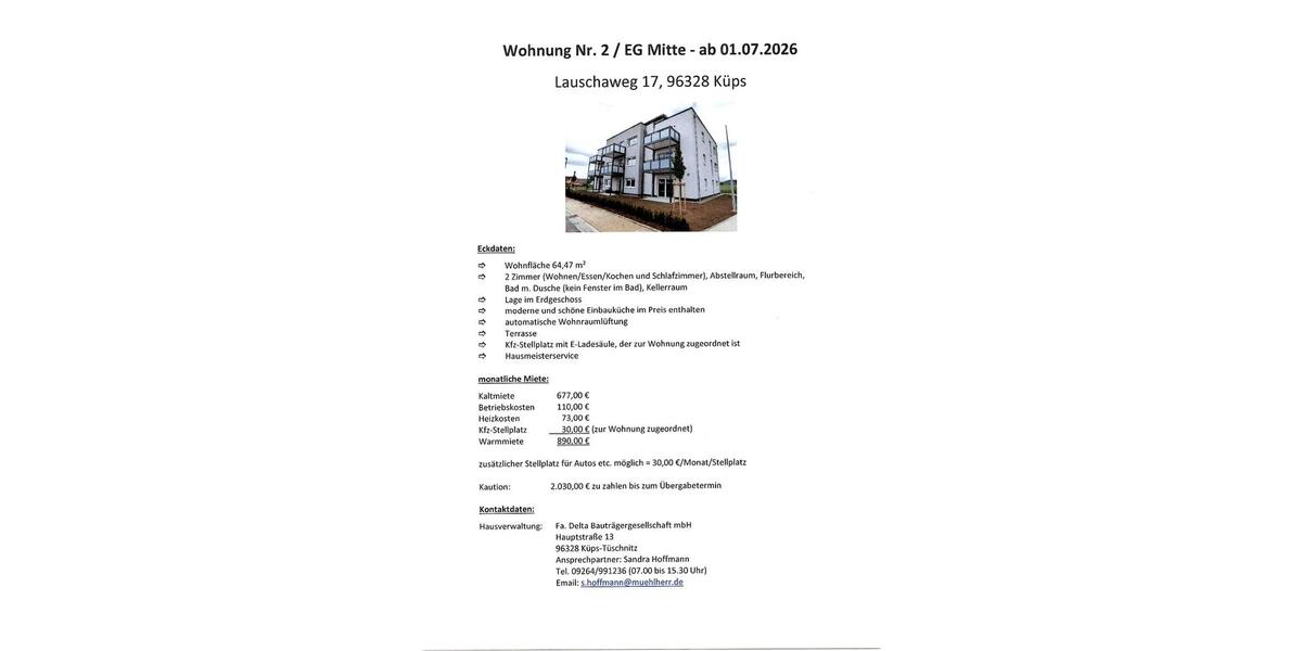 Erdgeschoßwohnung Küps - 2 Zimmer, 64 m&sup2;, 707&euro; | Angebot:26345455