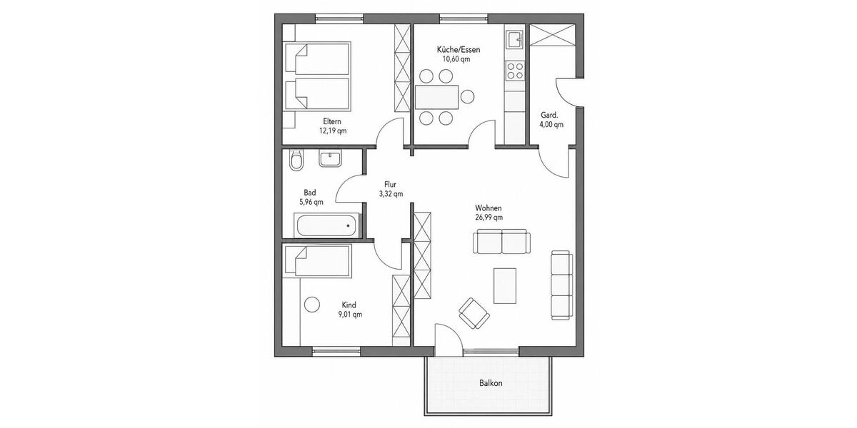 Dachgeschoßwohnung Königsmoos - 3 Zimmer, 70 m&sup2;, 1.035&euro; | Angebot:26619019