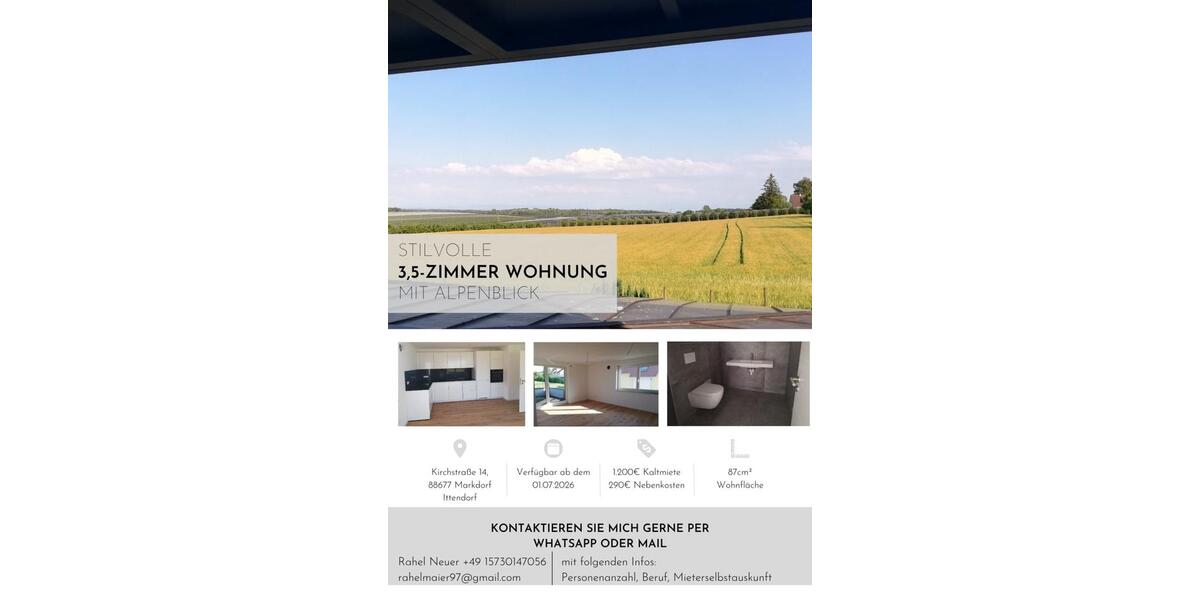 Etagenwohnung Markdorf - 3.5 Zimmer, 87 m&sup2;, 1.200&euro; | Angebot:26035425