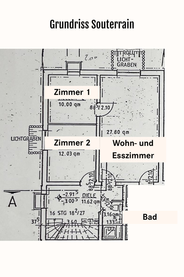 64 m²-Wohnung im Souterrain (2 Zimmer, Wohnküche, Bad, Abstellr.)