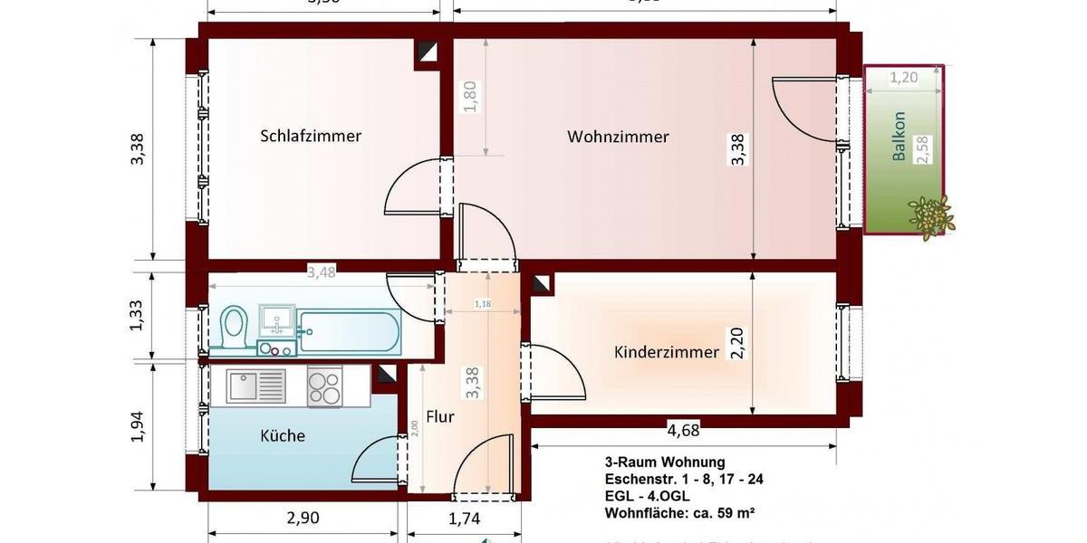 Erdgeschoßwohnung Altenburg - 3 Zimmer, 58 m&sup2;, 380&euro; | Angebot:24438850