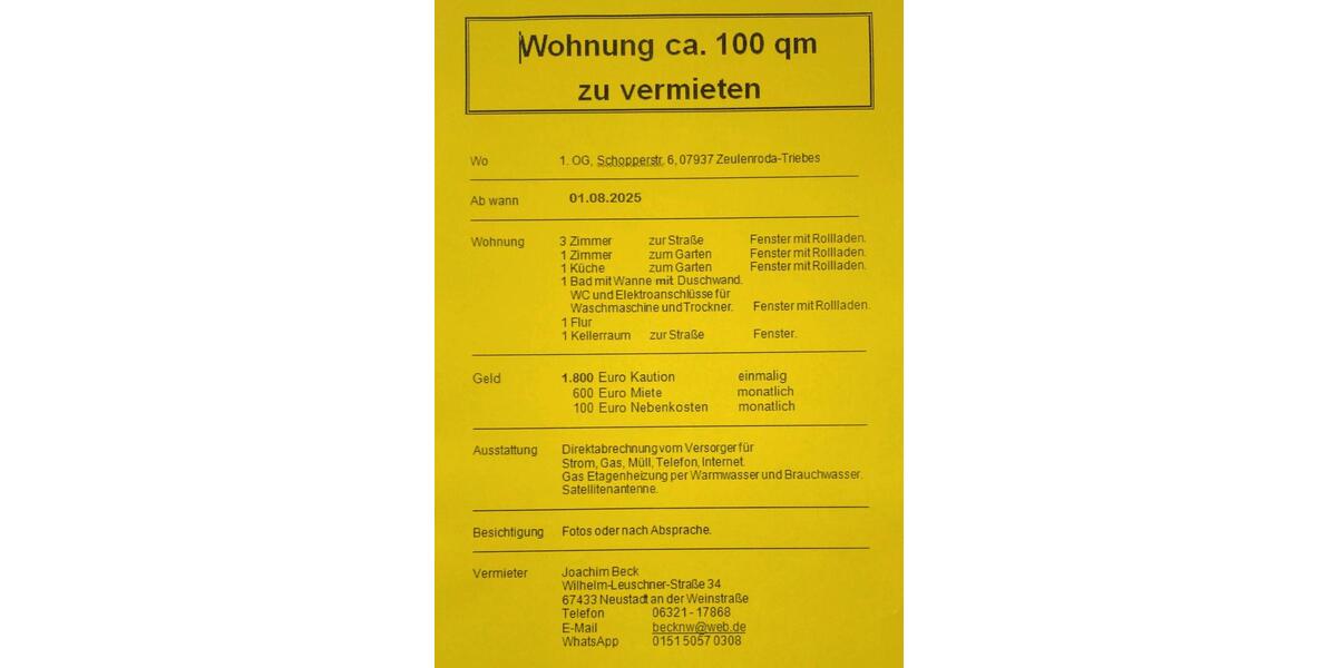 Etagenwohnung Zeulenroda-Triebes Triebes - 4 Zimmer, 100 m&sup2;, 600&euro; | Angebot:24114842