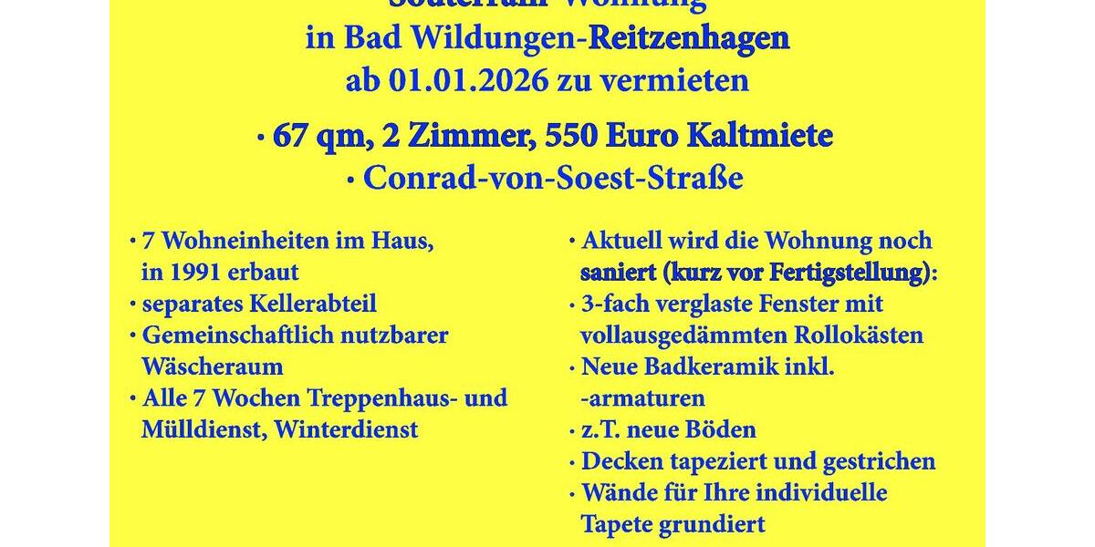 2 Zimmer-Souterrainwohnung, 67qm, Bad Wildungen-Reitzenhagen 2 zimmer