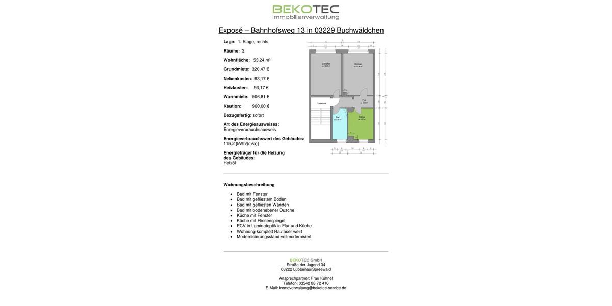 Etagenwohnung Altdöbern - 2 Zimmer, 53 m&sup2;, 321&euro; | Angebot:24848149