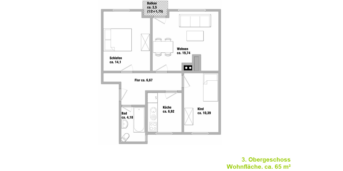 Etagenwohnung Ingolstadt Südost - 3 Zimmer, 65 m&sup2;, 950&euro; | Angebot:26127692